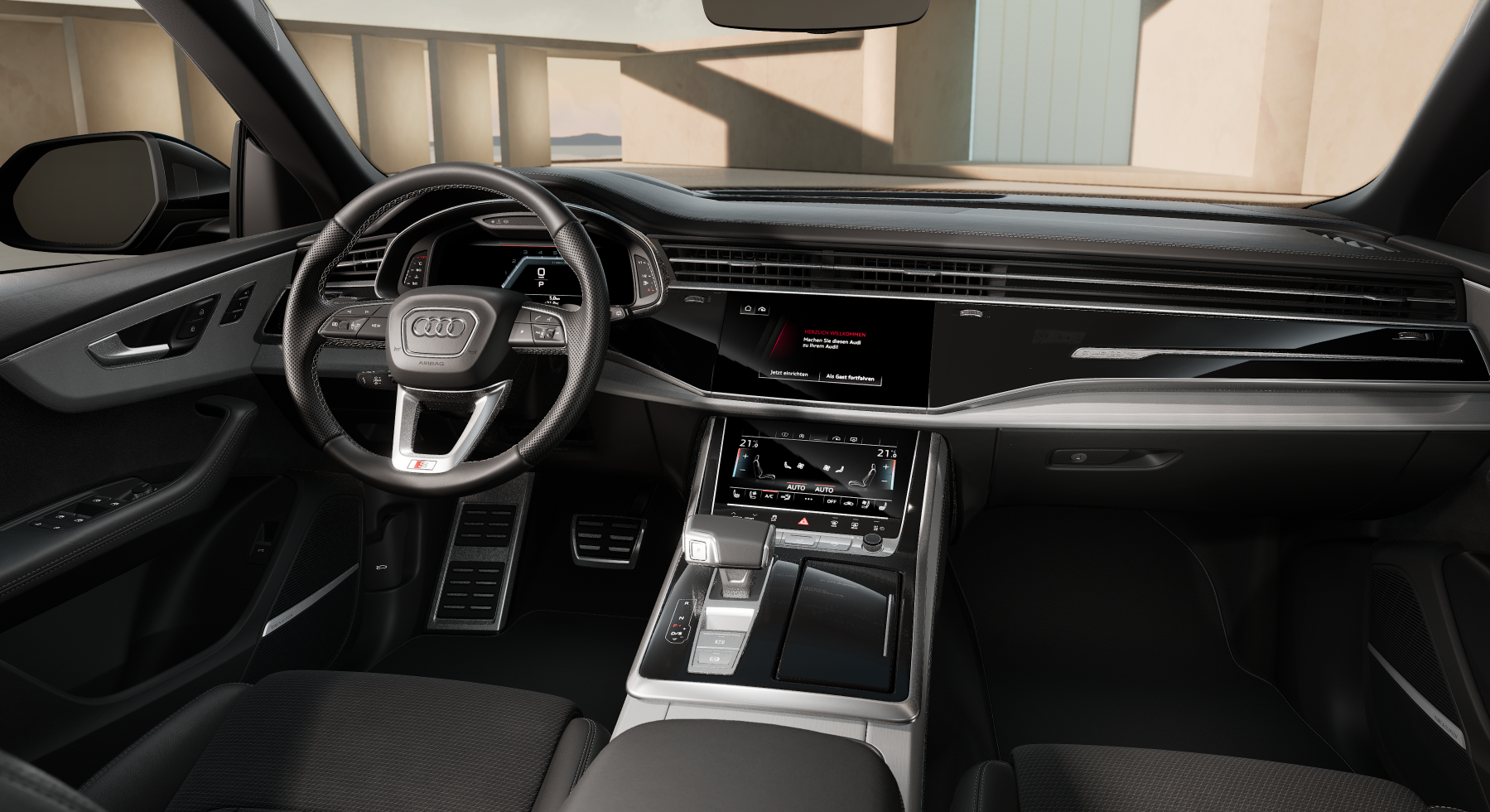 Audi Q8 50 TDI quattro S-line. Nový facelift naftového SUV coupé. Nové auto skladem ihned k předání. Černá metalíza s černou alcantarou v plné výbavě. VIP super cena. Nákup online. AUTOiBUY.com